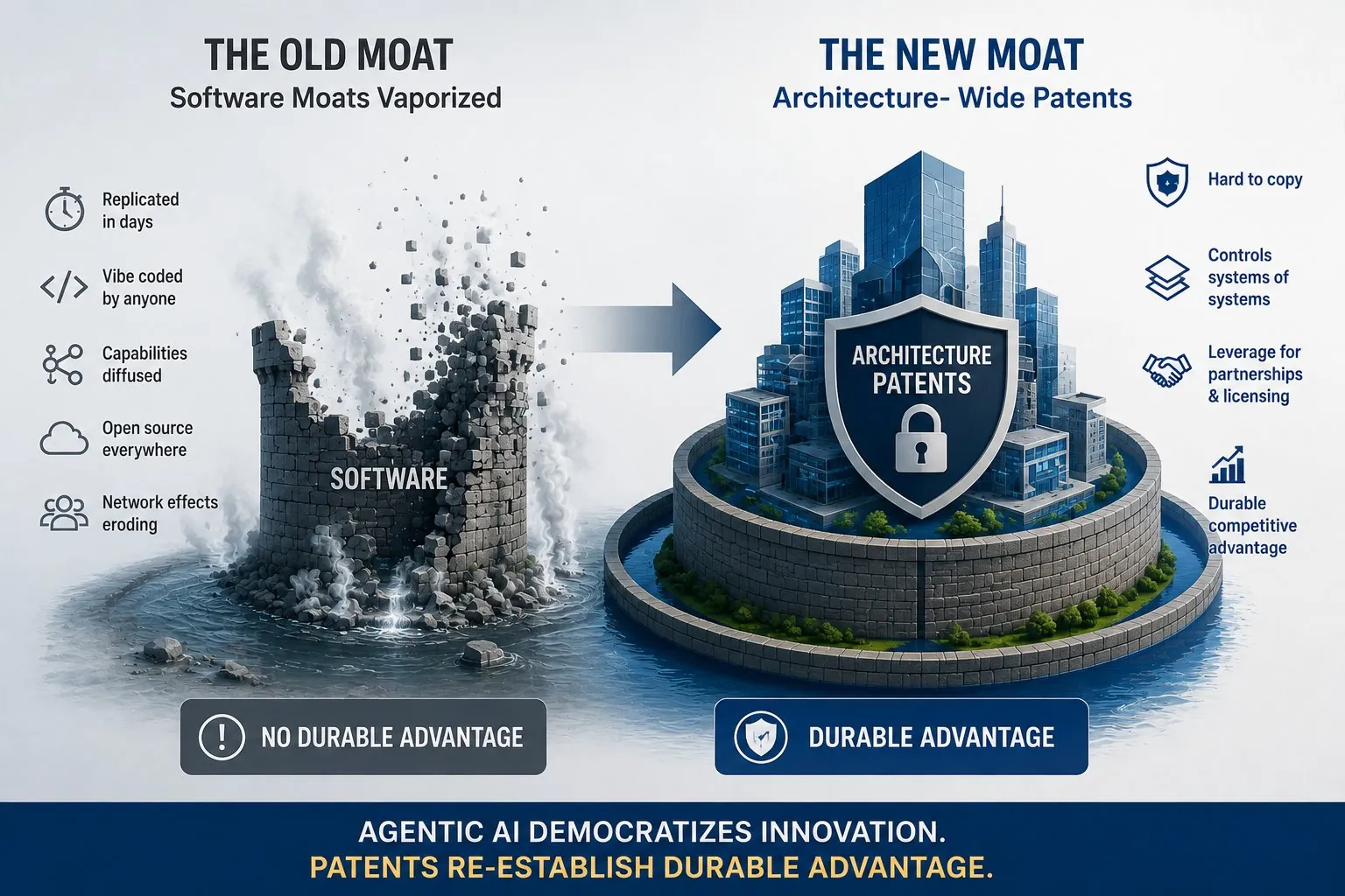 Illustration contrasting the old moat, a crumbling tower labeled Software with no durable advantage, against the new moat, a walled city under a shield labeled Architecture Patents, giving hard-to-copy, durable competitive advantage. Caption: Agentic AI democratizes innovation. Patents re-establish durable advantage.